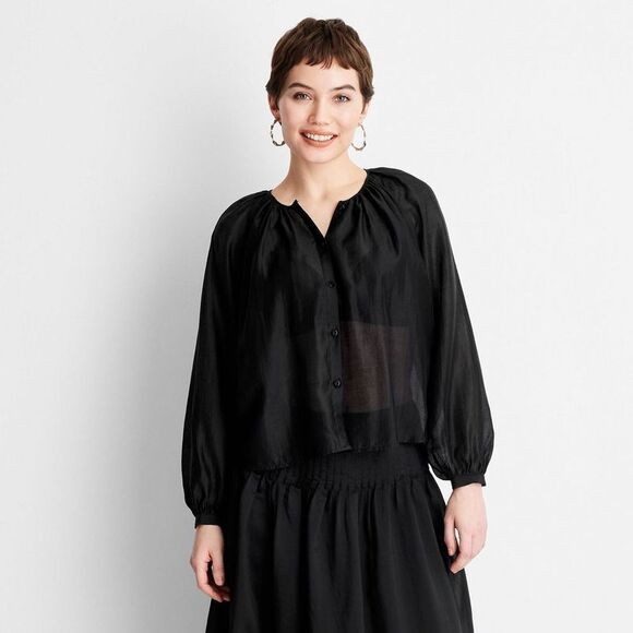Future Collective - Women's Balloon Long Sleeve Flowy Sheer Boho Top - Black - Picture 1 of 3